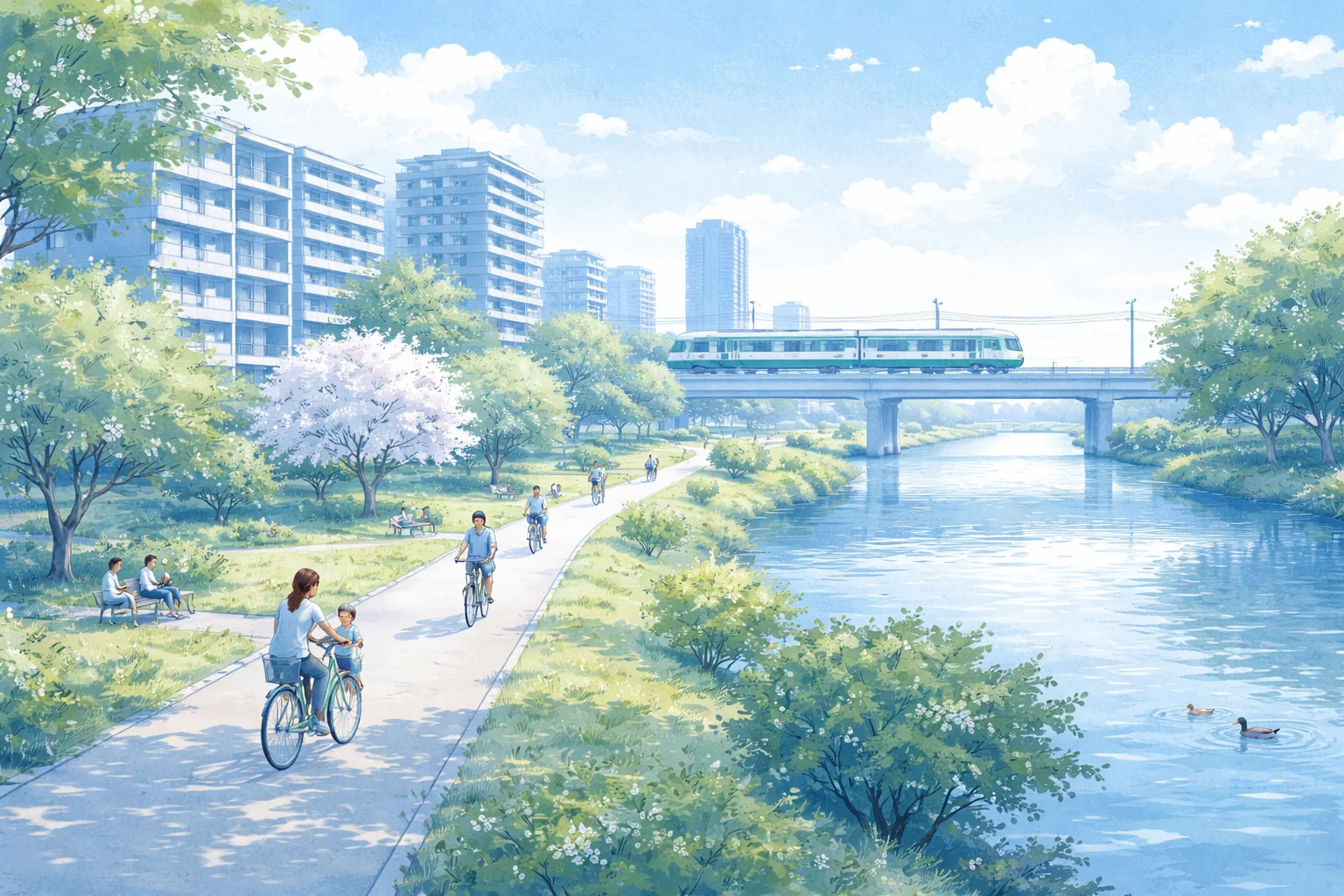 戸田公園エリアの街並みイラスト