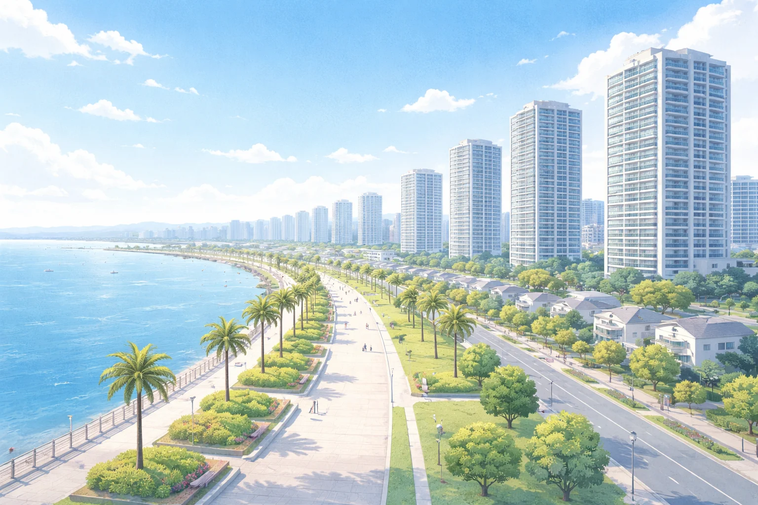 新浦安のタワーマンションと湾岸エリアのイラスト